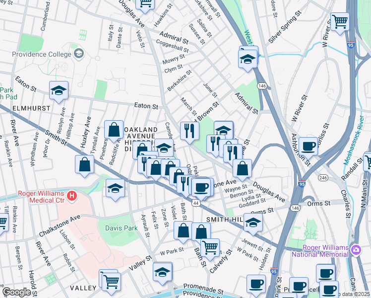 map of restaurants, bars, coffee shops, grocery stores, and more near 65 Osborn Street in Providence