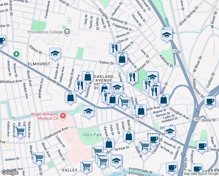 map of restaurants, bars, coffee shops, grocery stores, and more near 110 Ruggles Street in Providence