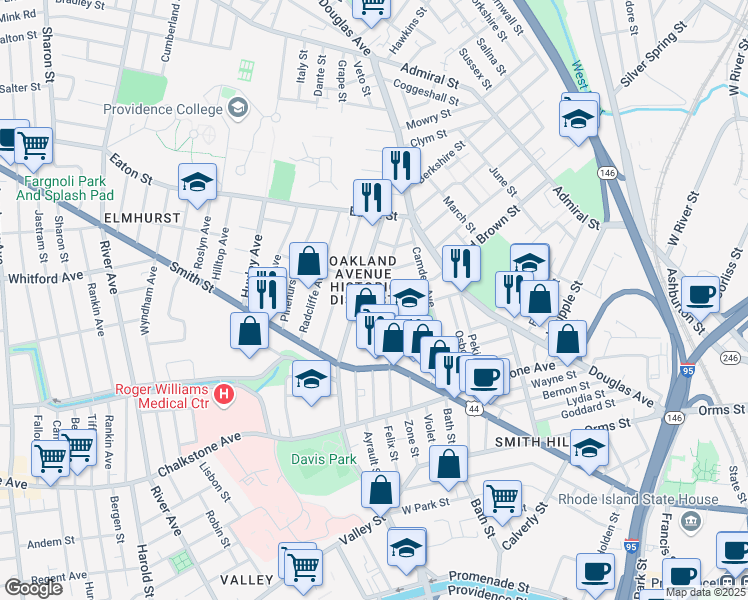 map of restaurants, bars, coffee shops, grocery stores, and more near 110 Ruggles Street in Providence