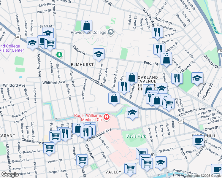 map of restaurants, bars, coffee shops, grocery stores, and more near 701 Smith Street in Providence