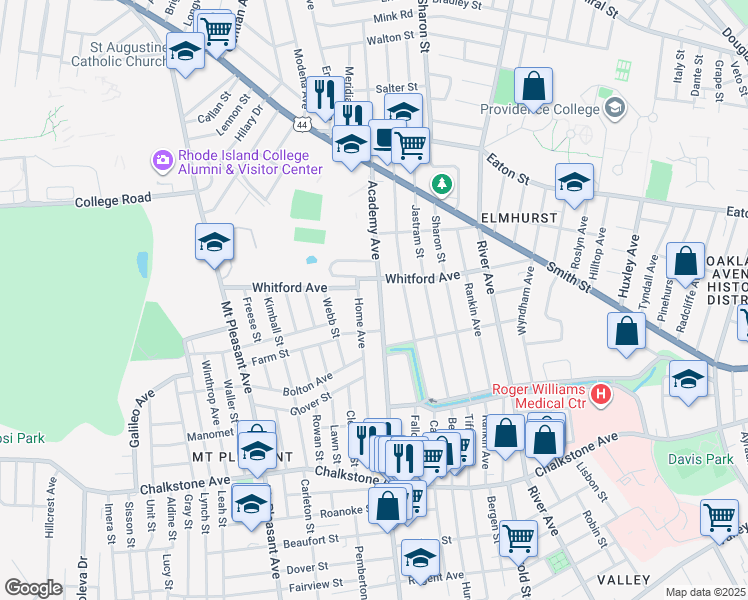 map of restaurants, bars, coffee shops, grocery stores, and more near 480 Academy Avenue in Providence