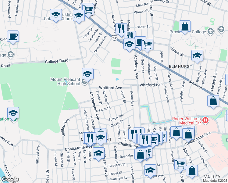 map of restaurants, bars, coffee shops, grocery stores, and more near 174 Lawn Street in Providence
