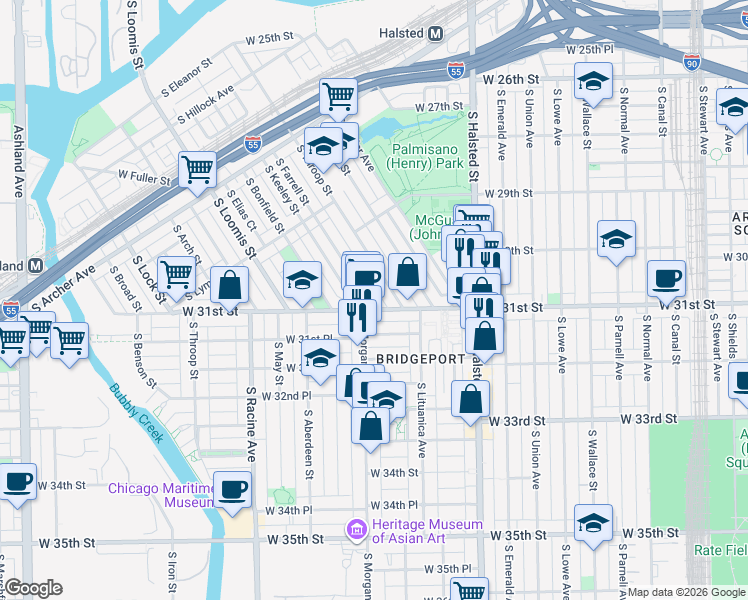 map of restaurants, bars, coffee shops, grocery stores, and more near 960 West 31st Street in Chicago