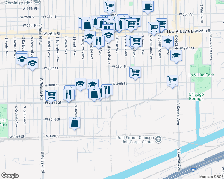 map of restaurants, bars, coffee shops, grocery stores, and more near 3031 South Central Park Avenue in Chicago
