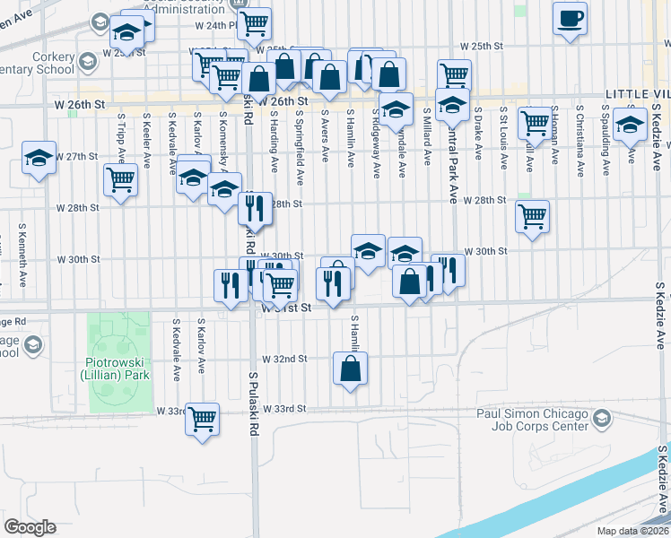 map of restaurants, bars, coffee shops, grocery stores, and more near 3020 South Hamlin Avenue in Chicago