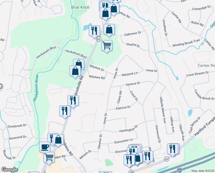 map of restaurants, bars, coffee shops, grocery stores, and more near 82 Seneca Drive in Vernon