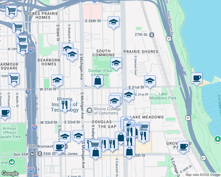 map of restaurants, bars, coffee shops, grocery stores, and more near 3105 South Giles Avenue in Chicago