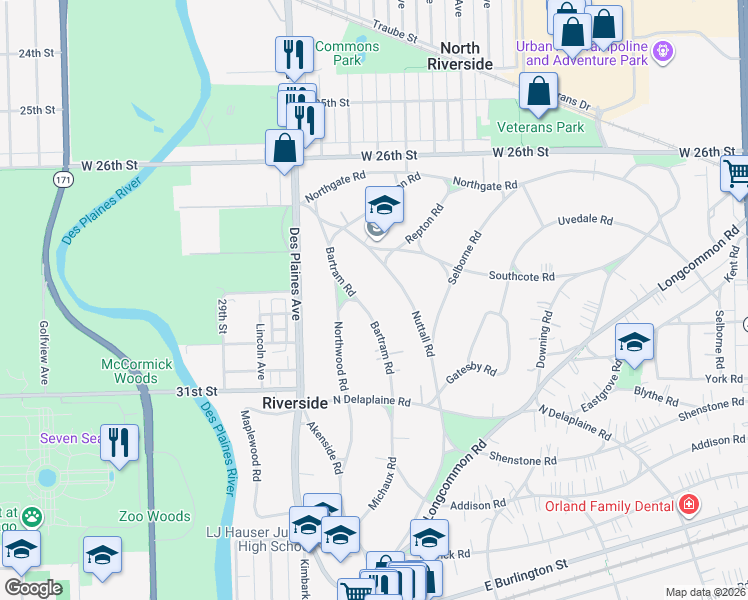 map of restaurants, bars, coffee shops, grocery stores, and more near 307 Bartram Road in Riverside
