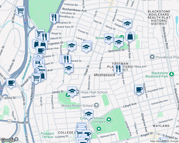 map of restaurants, bars, coffee shops, grocery stores, and more near 12 Montague Street in Providence