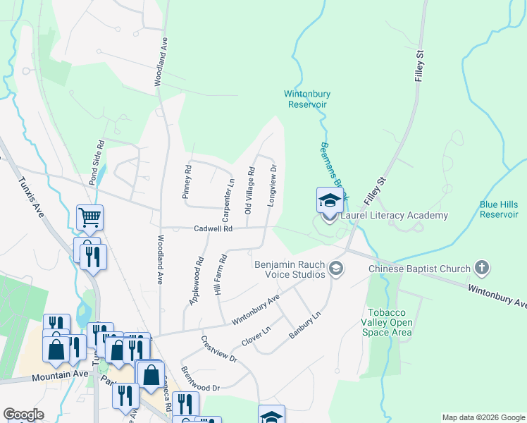 map of restaurants, bars, coffee shops, grocery stores, and more near 1 Longview Drive in Bloomfield