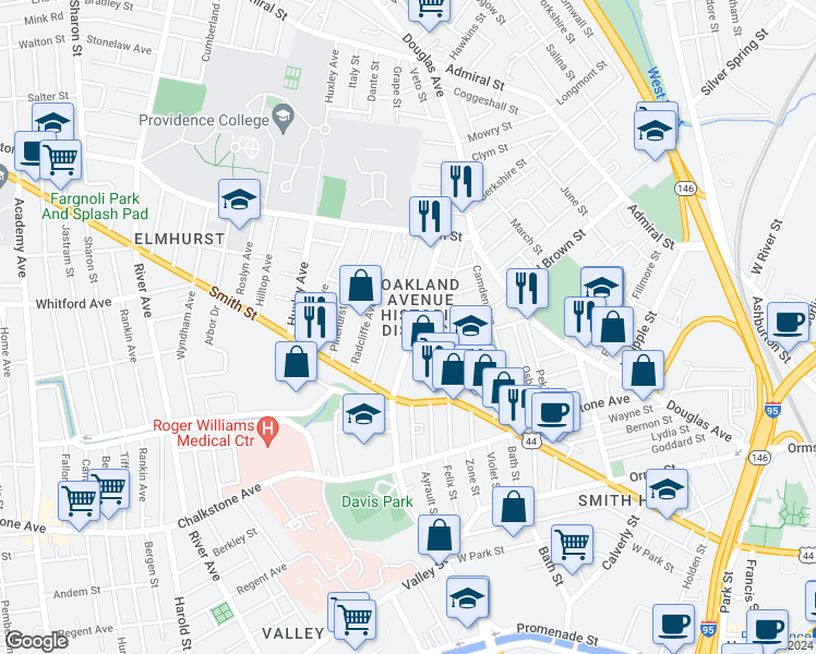 map of restaurants, bars, coffee shops, grocery stores, and more near 146 Oakland Avenue in Providence