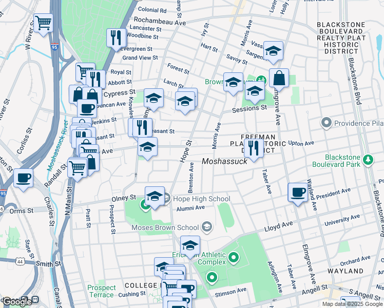 map of restaurants, bars, coffee shops, grocery stores, and more near 12 Montague Street in Providence