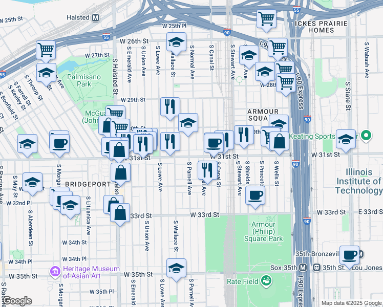 map of restaurants, bars, coffee shops, grocery stores, and more near 3049 South Parnell Avenue in Chicago