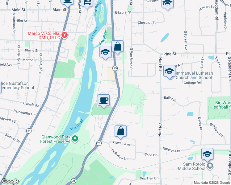 map of restaurants, bars, coffee shops, grocery stores, and more near 1211 South River Street in Batavia