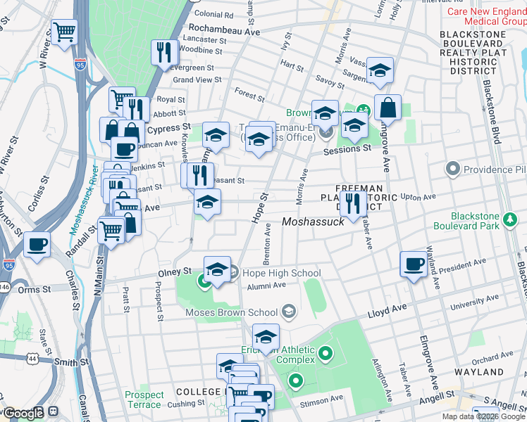 map of restaurants, bars, coffee shops, grocery stores, and more near 12 Montague Street in Providence