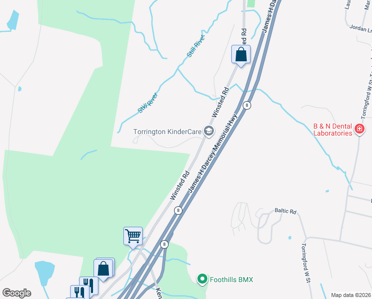 map of restaurants, bars, coffee shops, grocery stores, and more near 1163 Winsted Road in Torrington