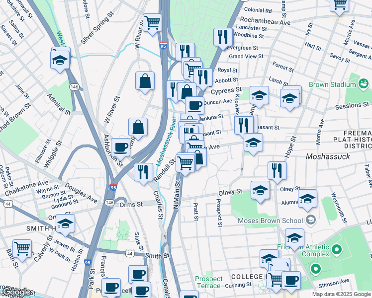 map of restaurants, bars, coffee shops, grocery stores, and more near N Main St & Doyle Ave in Providence