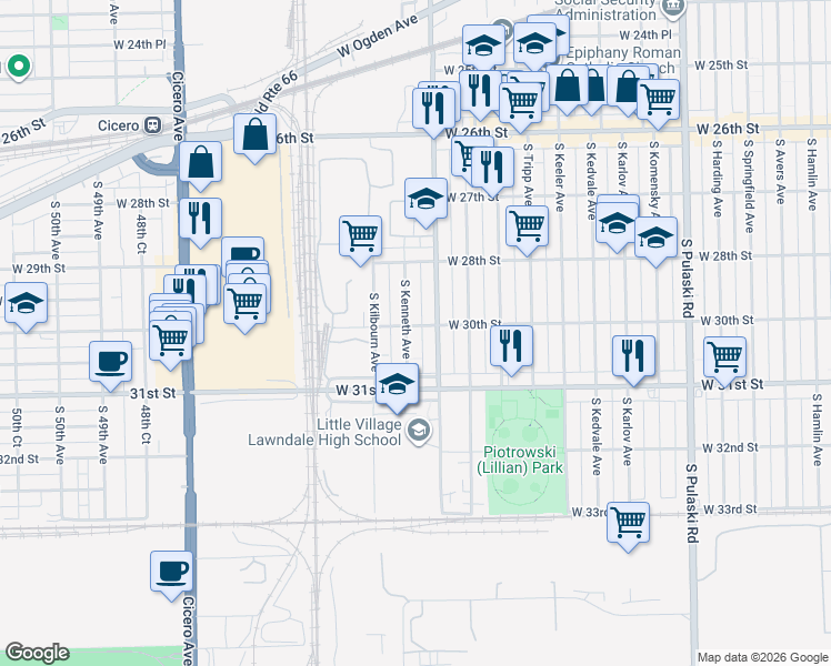 map of restaurants, bars, coffee shops, grocery stores, and more near 3017 South Kenneth Avenue in Chicago