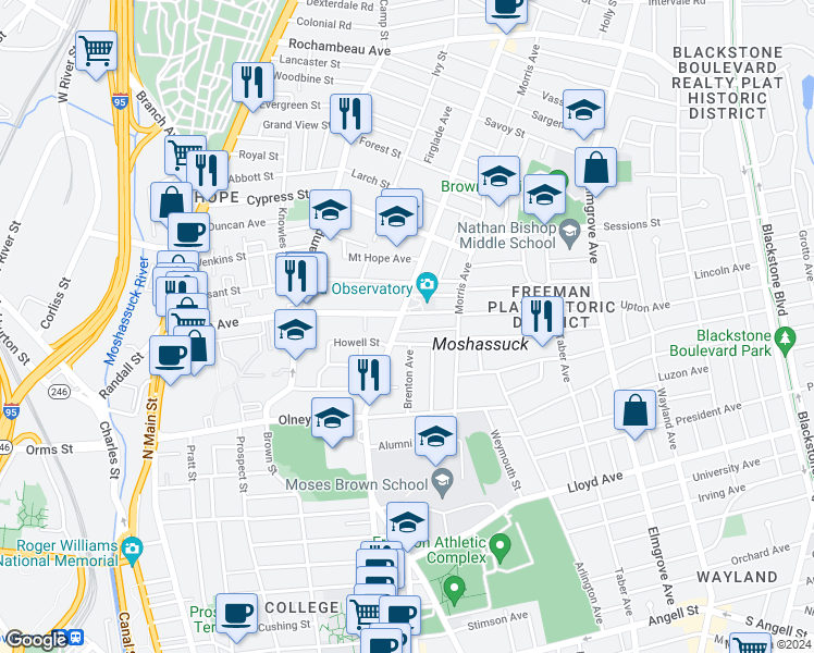 map of restaurants, bars, coffee shops, grocery stores, and more near 12 Montague Street in Providence