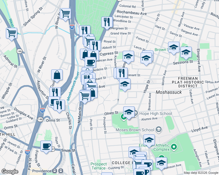 map of restaurants, bars, coffee shops, grocery stores, and more near 54 William Ellery Place in Providence