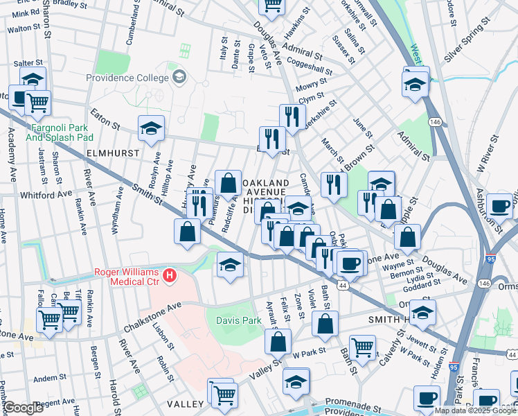 map of restaurants, bars, coffee shops, grocery stores, and more near 120 Oakland Avenue in Providence