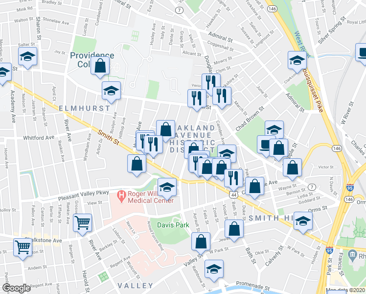 map of restaurants, bars, coffee shops, grocery stores, and more near 120 Oakland Avenue in Providence
