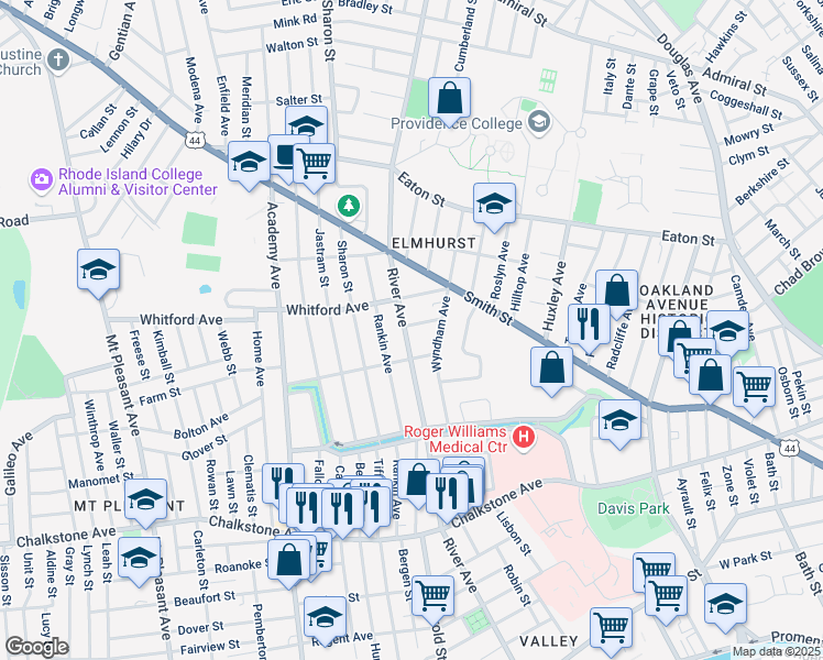 map of restaurants, bars, coffee shops, grocery stores, and more near 86 Wyndham Avenue in Providence