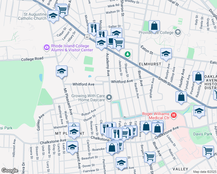map of restaurants, bars, coffee shops, grocery stores, and more near 480 Academy Avenue in Providence