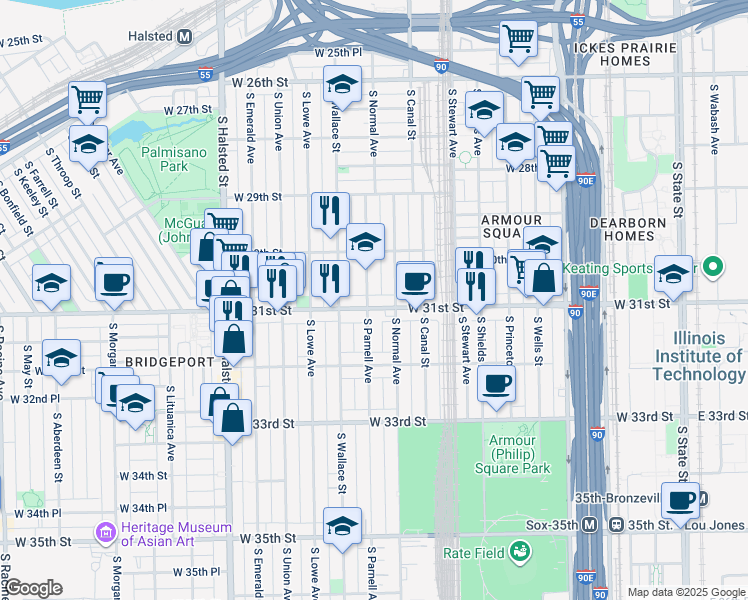 map of restaurants, bars, coffee shops, grocery stores, and more near 539 West 31st Street in Chicago