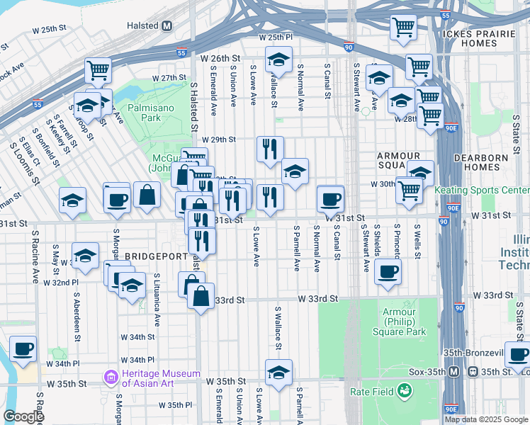 map of restaurants, bars, coffee shops, grocery stores, and more near 615 West 31st Street in Chicago