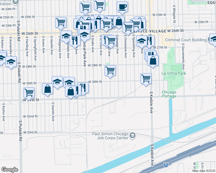 map of restaurants, bars, coffee shops, grocery stores, and more near 3030 South Trumbull Avenue in Chicago