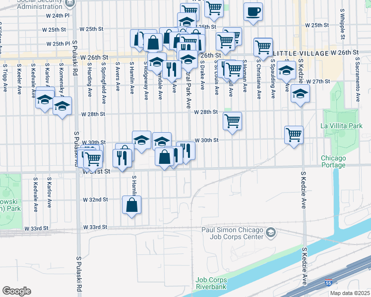 map of restaurants, bars, coffee shops, grocery stores, and more near 3029 South Millard Avenue in Chicago
