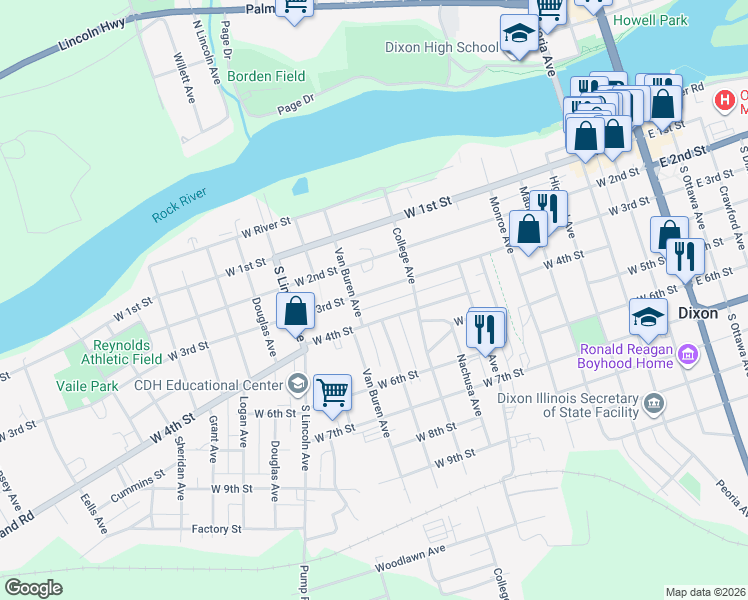 map of restaurants, bars, coffee shops, grocery stores, and more near 1111 West 4th Street in Dixon
