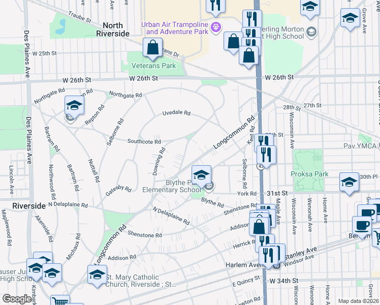 map of restaurants, bars, coffee shops, grocery stores, and more near 411 Longcommon Road in Riverside