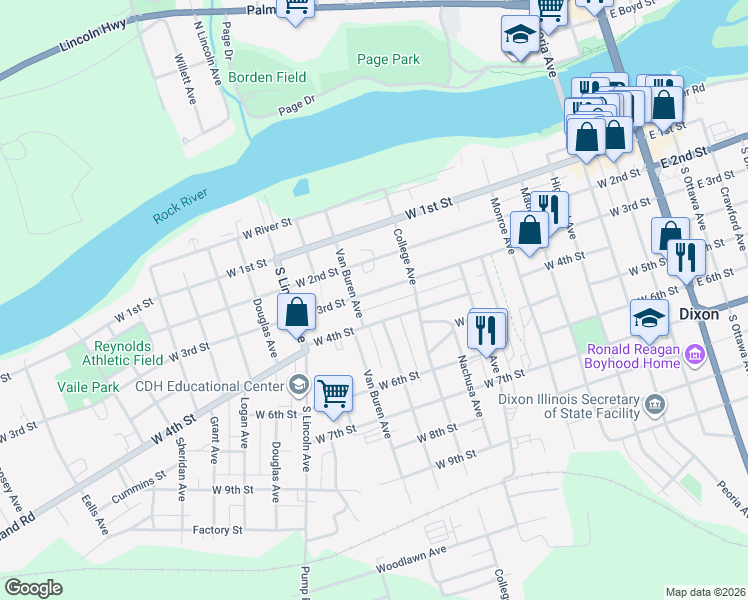 map of restaurants, bars, coffee shops, grocery stores, and more near 1111 West 4th Street in Dixon