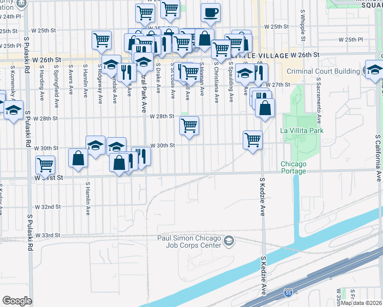 map of restaurants, bars, coffee shops, grocery stores, and more near 3017 South Trumbull Avenue in Chicago