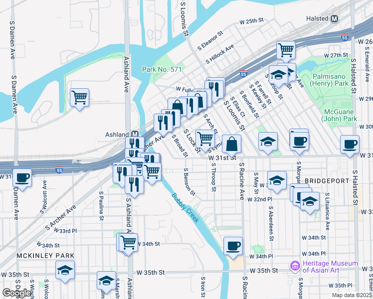 map of restaurants, bars, coffee shops, grocery stores, and more near 3055 South Broad Street in Chicago