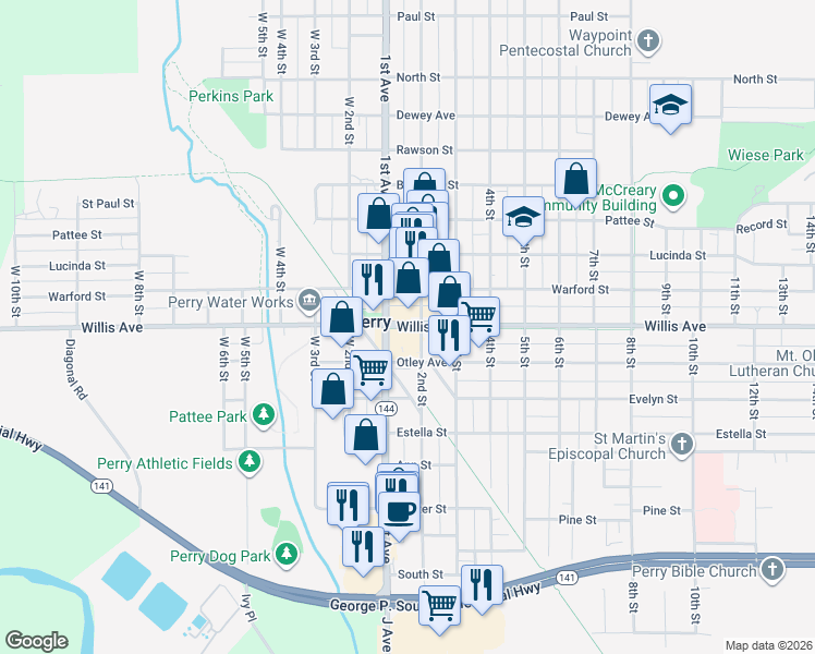 map of restaurants, bars, coffee shops, grocery stores, and more near 1123 Willis Avenue in Perry