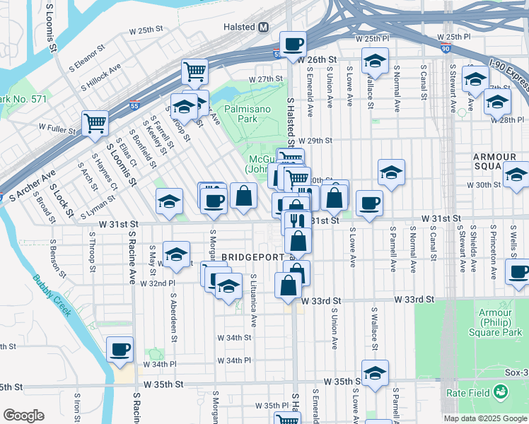 map of restaurants, bars, coffee shops, grocery stores, and more near 840 West 31st Street in Chicago