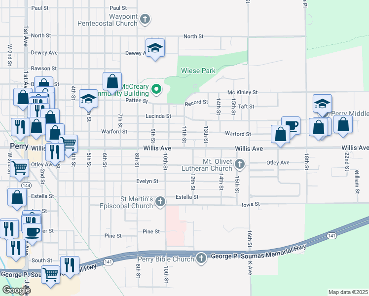 map of restaurants, bars, coffee shops, grocery stores, and more near 2023 Willis Avenue in Perry