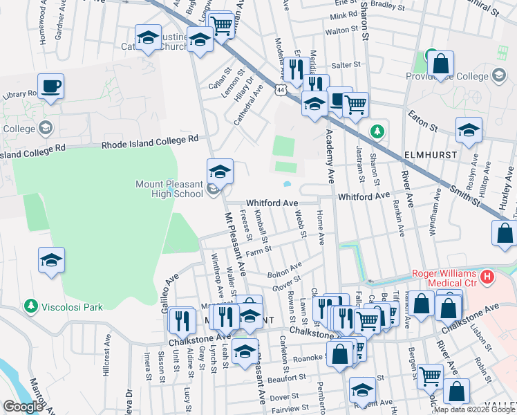 map of restaurants, bars, coffee shops, grocery stores, and more near 171 Kimball Street in Providence