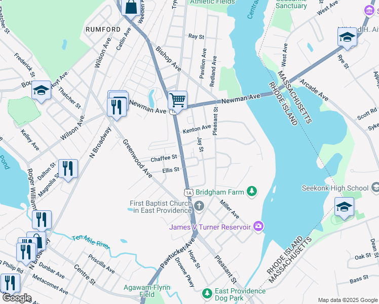 map of restaurants, bars, coffee shops, grocery stores, and more near 1283 Pawtucket Avenue in East Providence
