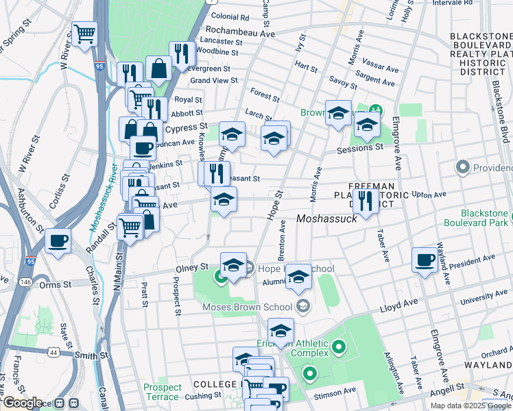 map of restaurants, bars, coffee shops, grocery stores, and more near 216 Howell Street in Providence