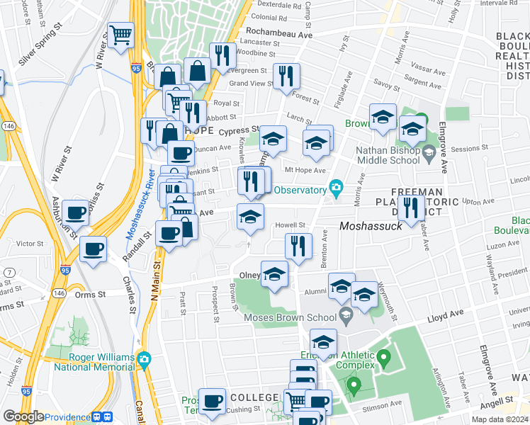 map of restaurants, bars, coffee shops, grocery stores, and more near 177 Howell Street in Providence