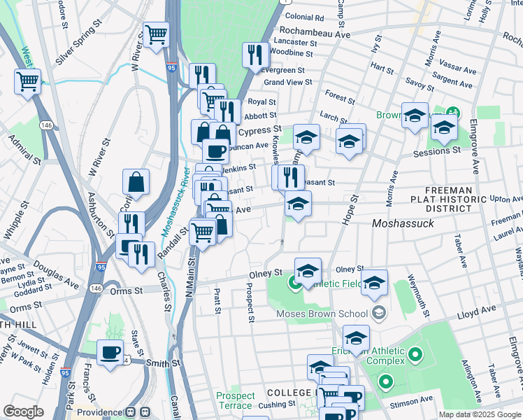 map of restaurants, bars, coffee shops, grocery stores, and more near 54 William Ellery Place in Providence