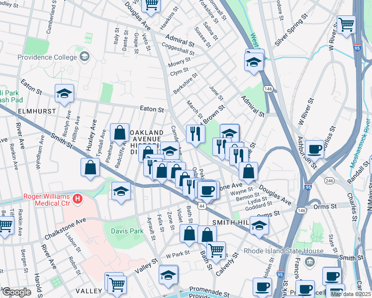 map of restaurants, bars, coffee shops, grocery stores, and more near 65 Osborn Street in Providence