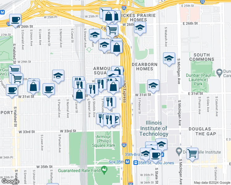 map of restaurants, bars, coffee shops, grocery stores, and more near 3102 South Wells Street in Chicago