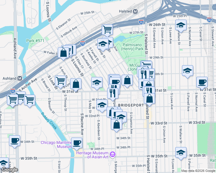 map of restaurants, bars, coffee shops, grocery stores, and more near 1035 West 31st Street in Chicago