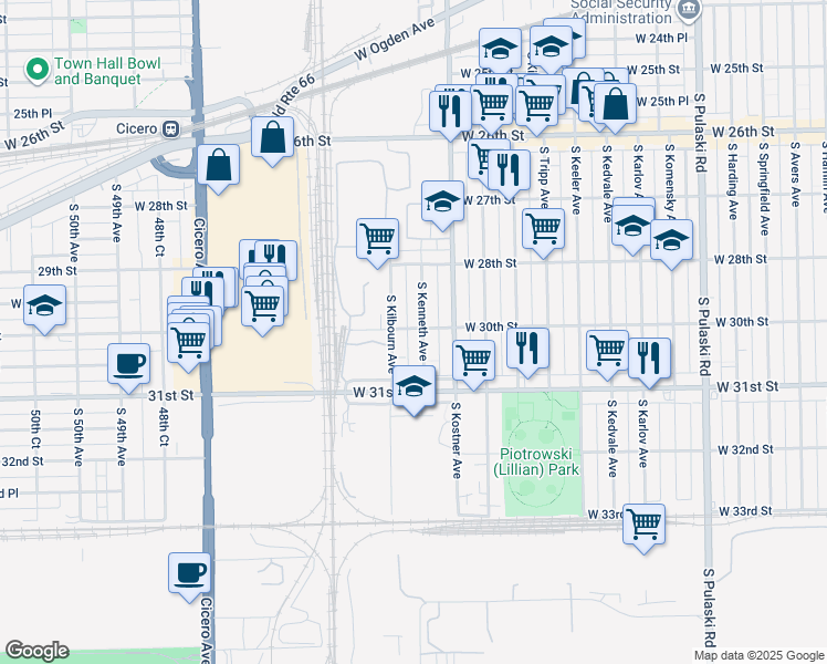 map of restaurants, bars, coffee shops, grocery stores, and more near 3017 South Kenneth Avenue in Chicago