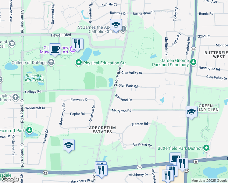 map of restaurants, bars, coffee shops, grocery stores, and more near 25357 South Park Boulevard in Glen Ellyn